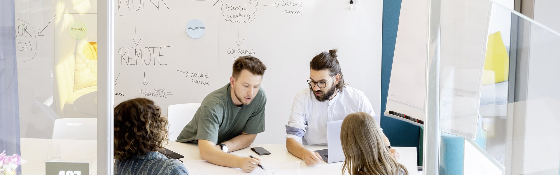 Four people in a creative room.