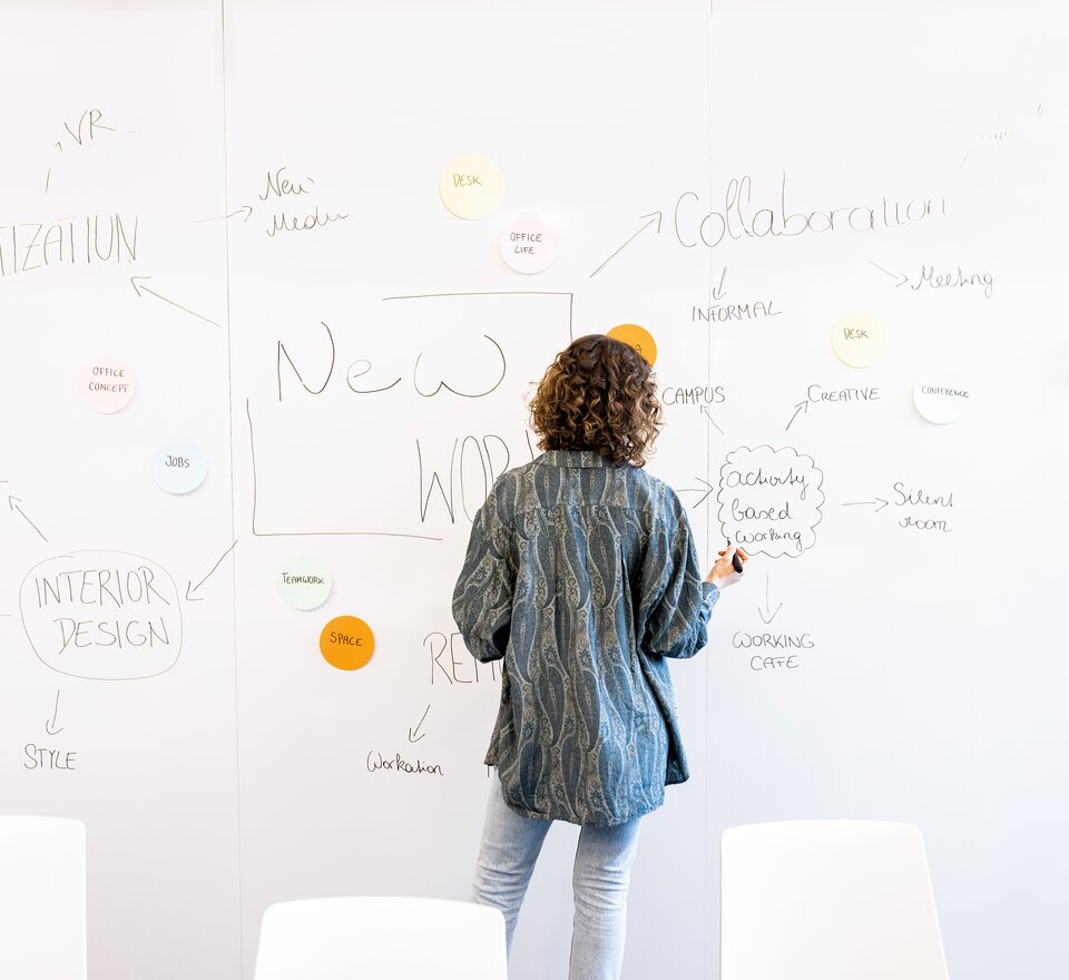 Person steht vor einem Whiteboard.