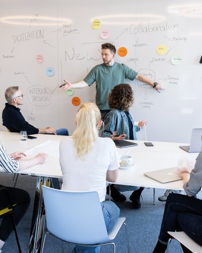 Eight people in a creative room.