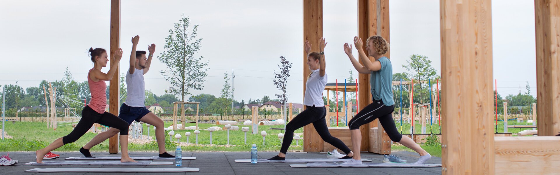 People do yoga in the Activity Garden.