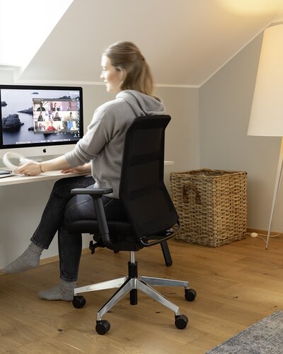 Person sits in front of the desk in the home office. A red cat is standing at the desk.